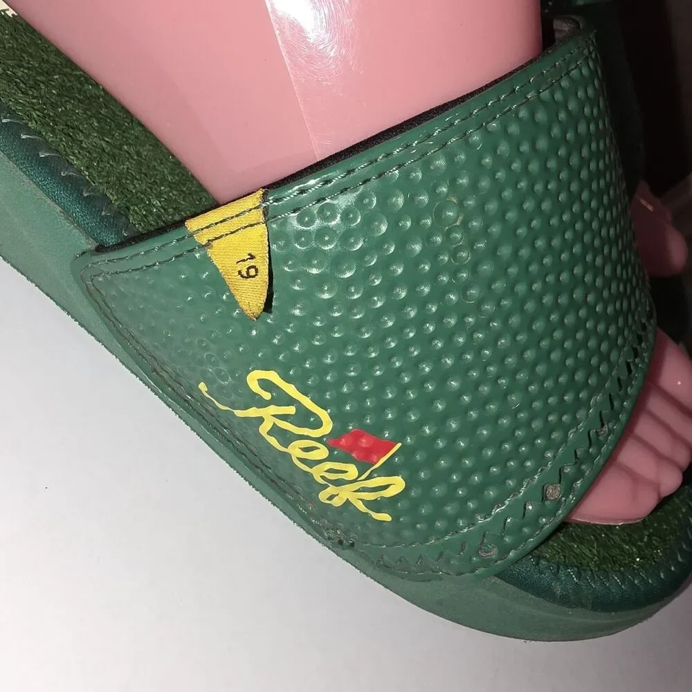 REEF MULLIGAN Sz 9 Green Turf Grass Golf Ball Heel Slide On Sporty Logo Sandals